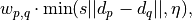 w_{p,q}\cdot\min(s||d_p - d_q||, \eta) ,